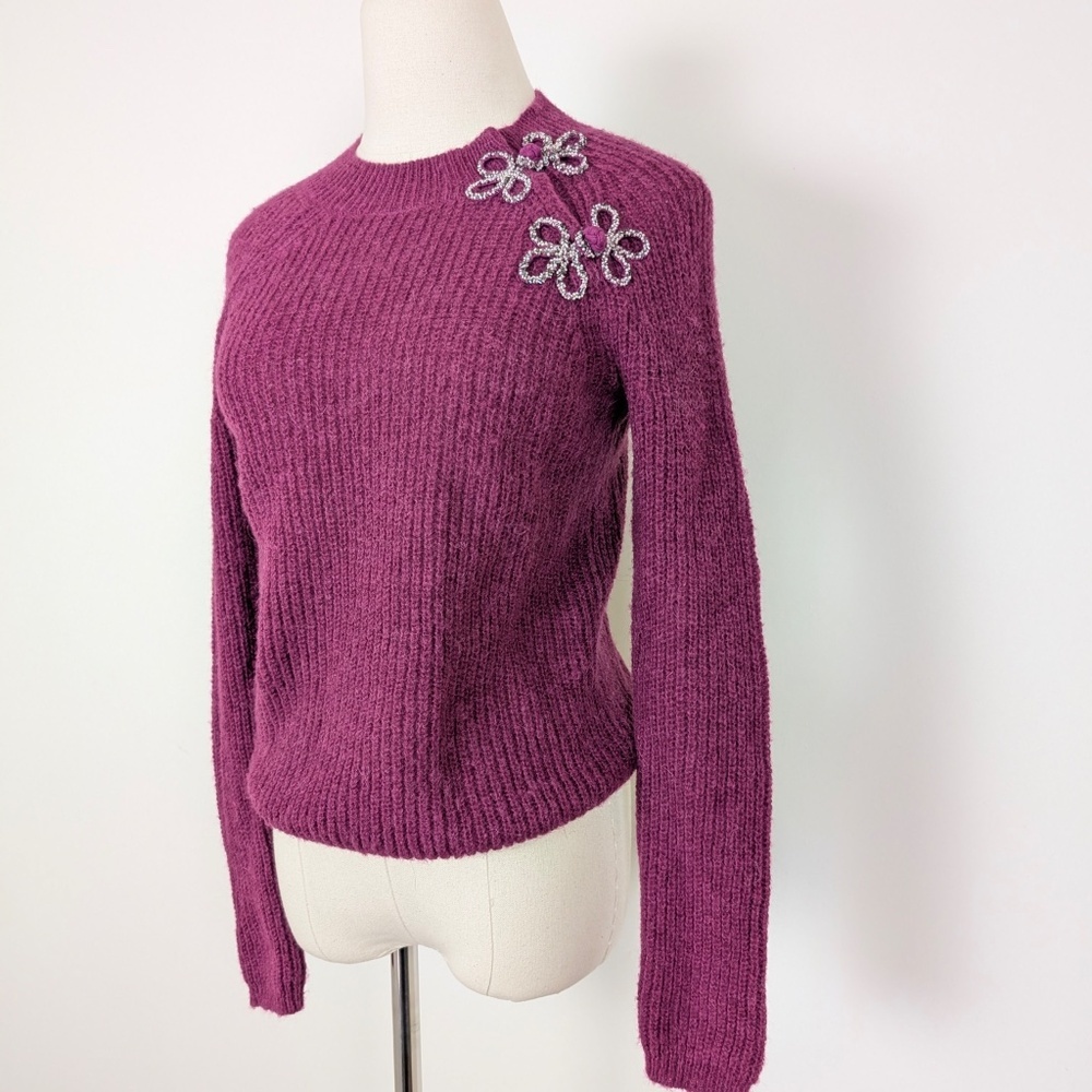 J. Crew Pink Knit Crew Neck Ribbed Long Sleeve Asymmetrical Beaded Shoulder - Picture 3 of 11